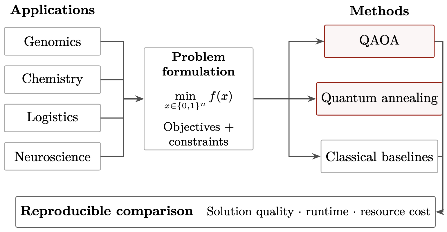 Application problems mapped to quantum and classical optimization methods for reproducible comparison.